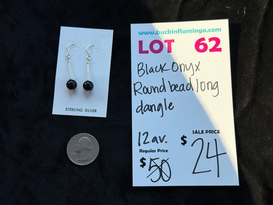 LOT 62 7/12 Black Onyx Round Bead Long Dangle