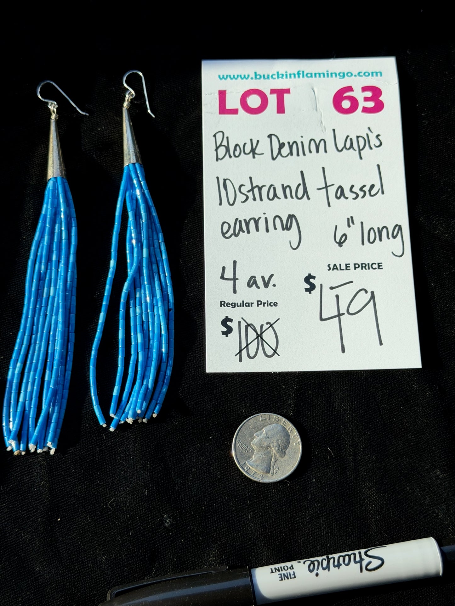 LOT 63 7/12 Block Denim Lapis 10 Strand Tassel Earring 6” Long