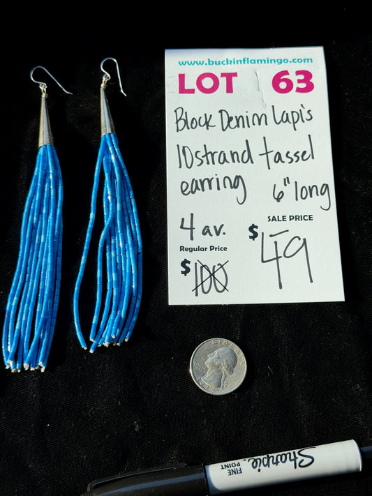LOT 63 7/12 Block Denim Lapis 10 Strand Tassel Earring 6” Long