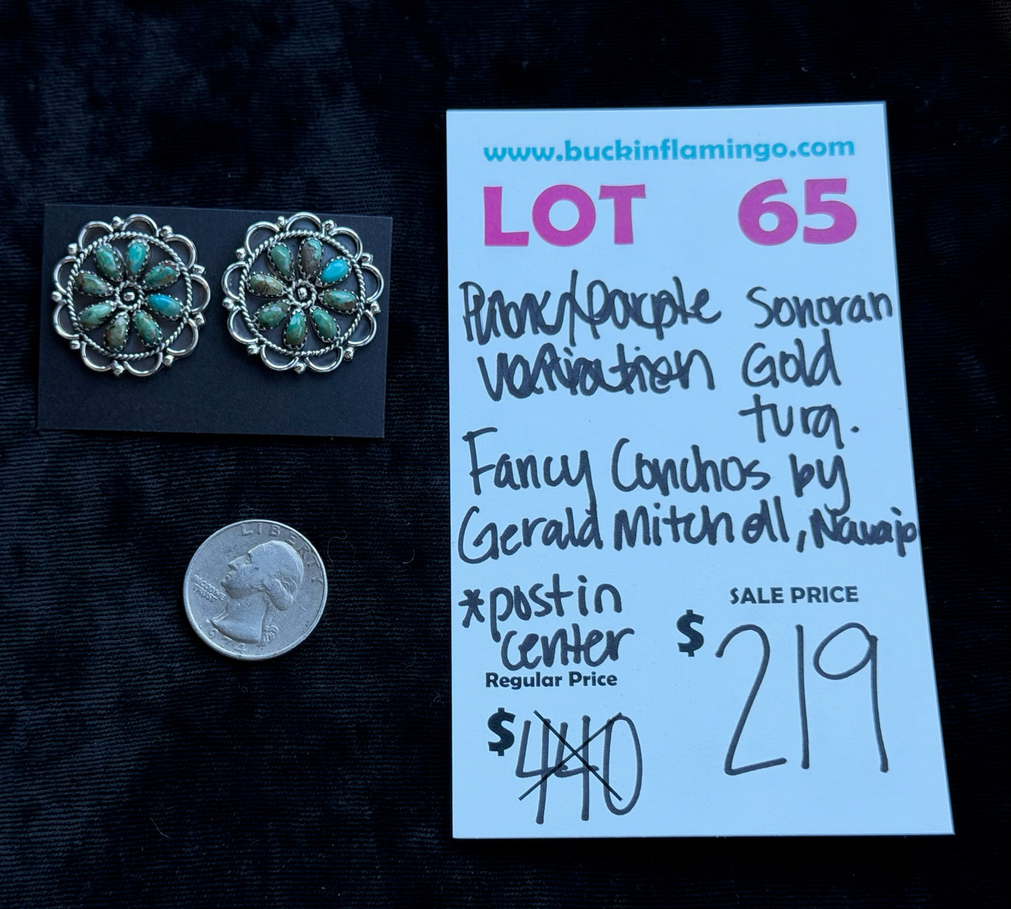 LOT 65 7/12 Sonoran Gold Turquoise Fancy Concho by Gerald Mitchell, Navajo