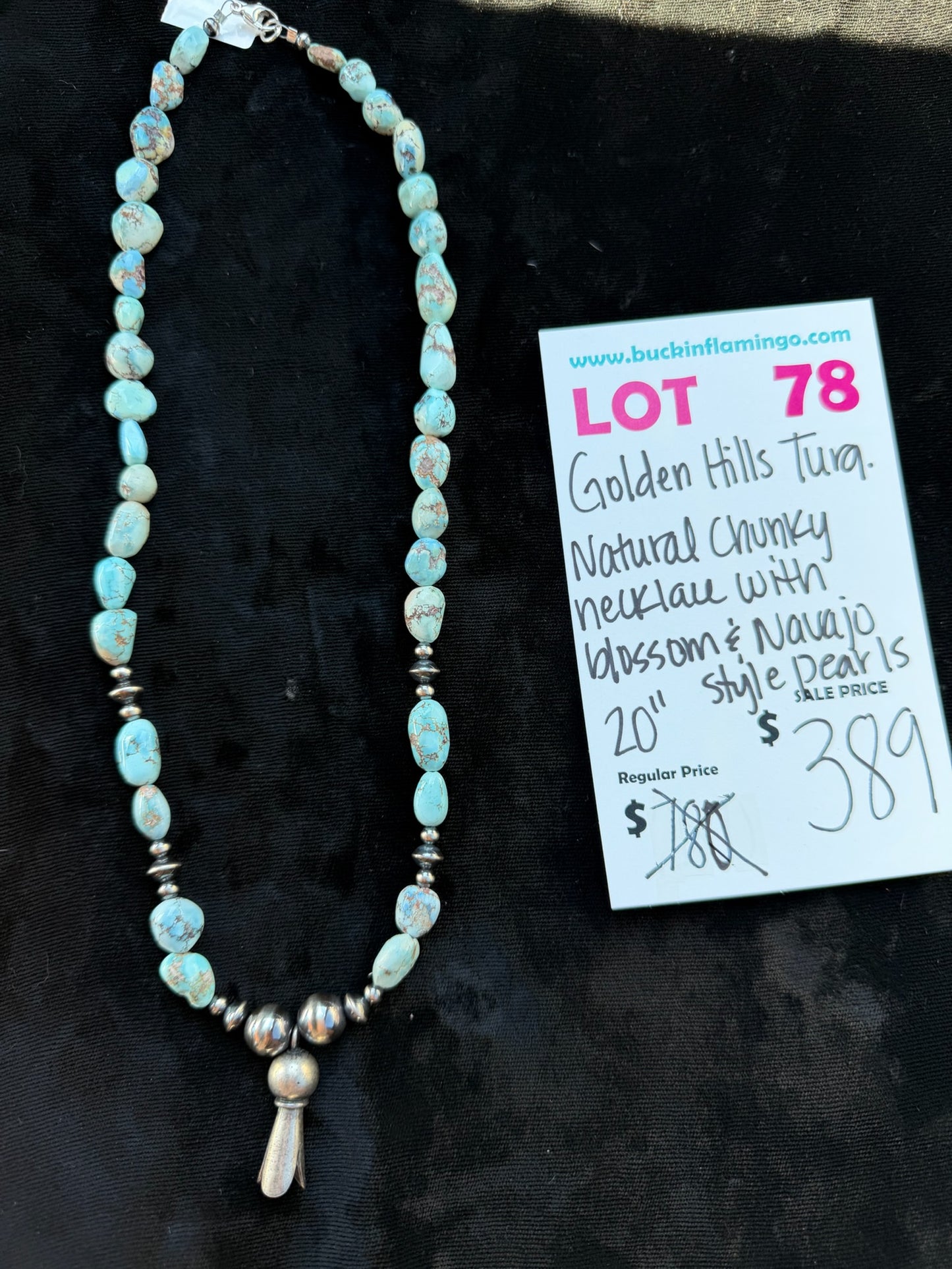 LOT 78 7/12 Golden Hills Turquoise Natural Chunky Necklace with Blossom & Navajo Style Pearls 20”