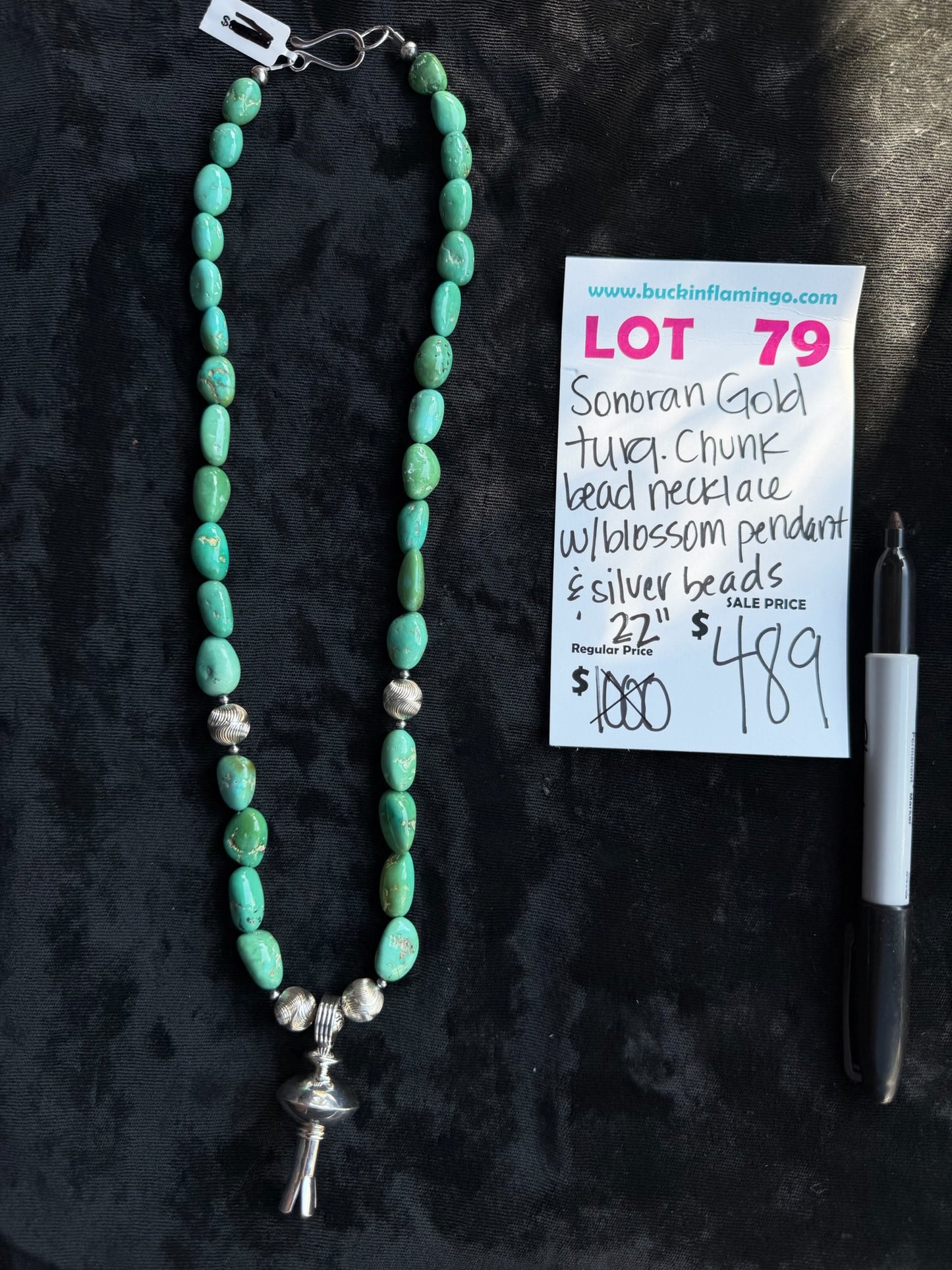 LOT 79 7/12 Sonoran Gold Turquoise Chunk Bead Necklace w/Blossom Pendant 22”