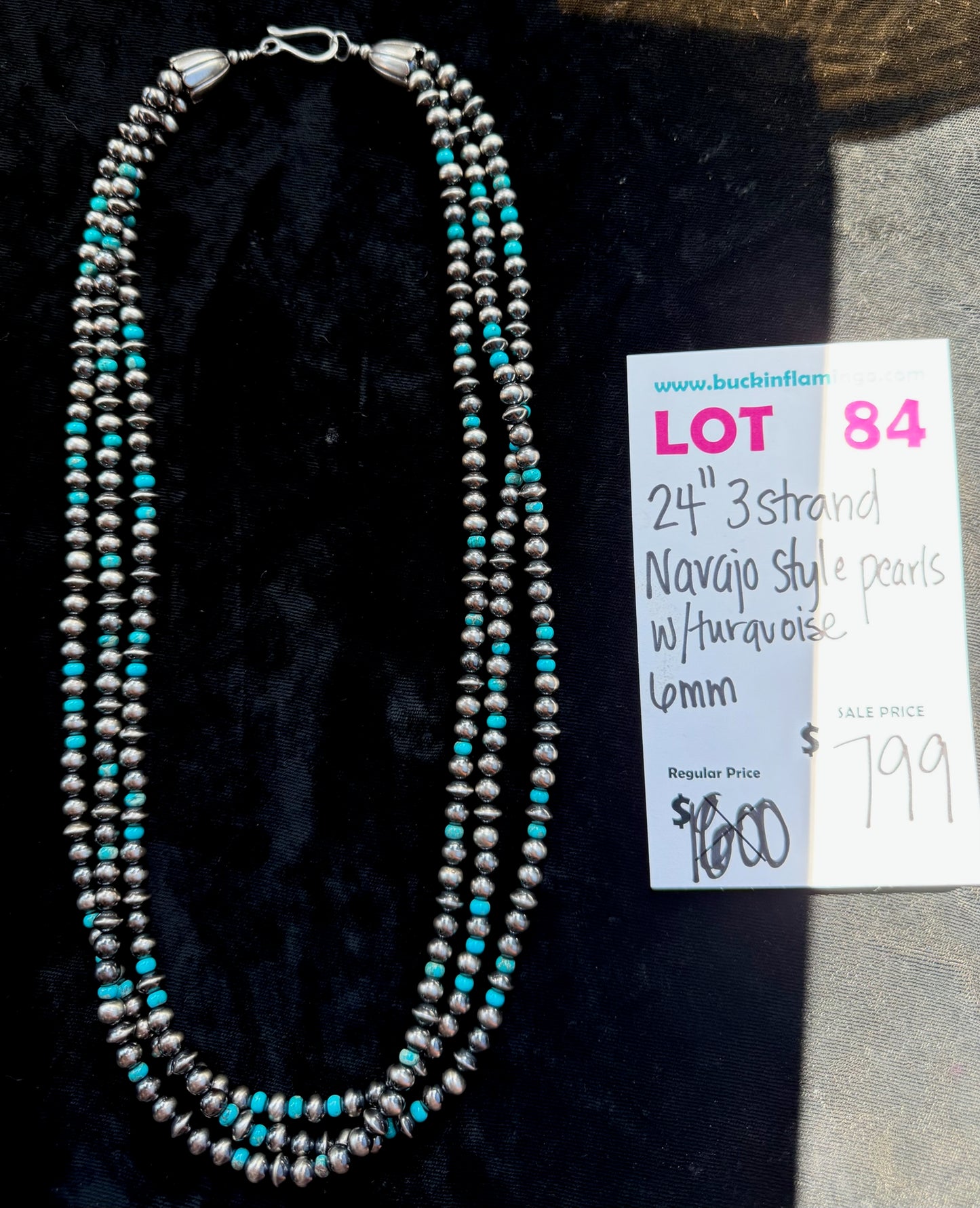 LOT 84 A 7/12 24” 3 Strand Navajo Style Pearls w/Turquoise 6mm