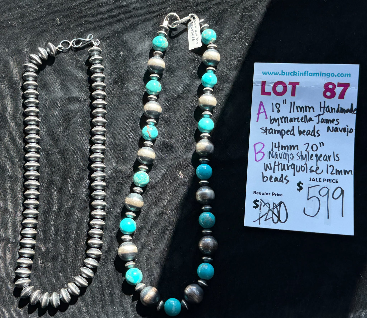 LOT 87 B 7/12 20” 14mm Navajo Style Pearls w/Turquoise 12mm Beads
