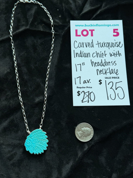 LOT 5 7/18 Carved Turquoise Indian Chief with Headdress Necklace 17”