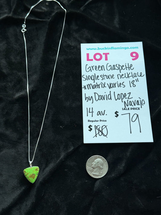 LOT 9 7/18 Green Gaspeite Single Stone Necklace 18” by David Lopez, Navajo