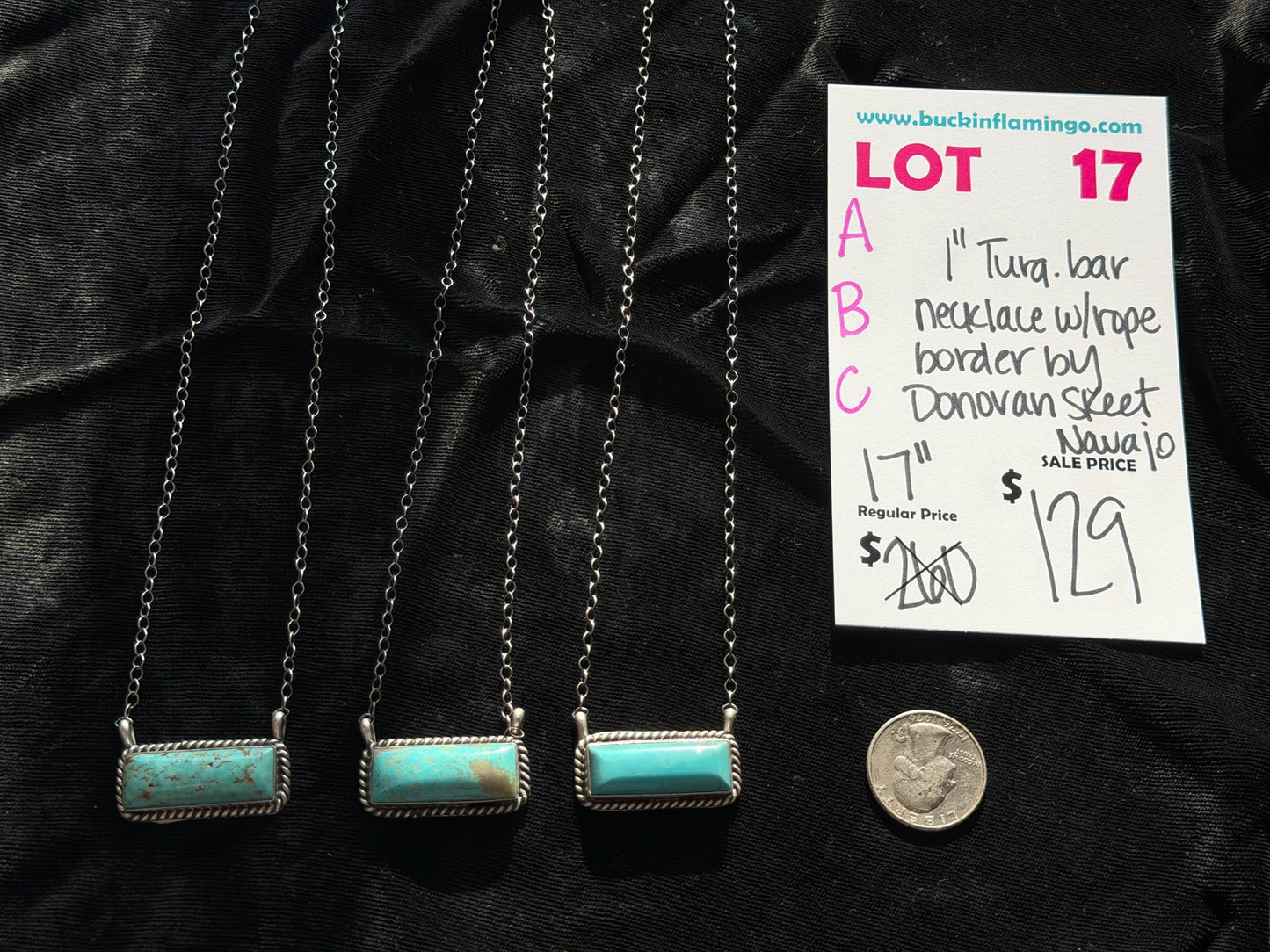 LOT 17 B 7/18 1” Turquoise Bar Necklace w/ Rope Border by Donovan Skeet, Navajo 17”