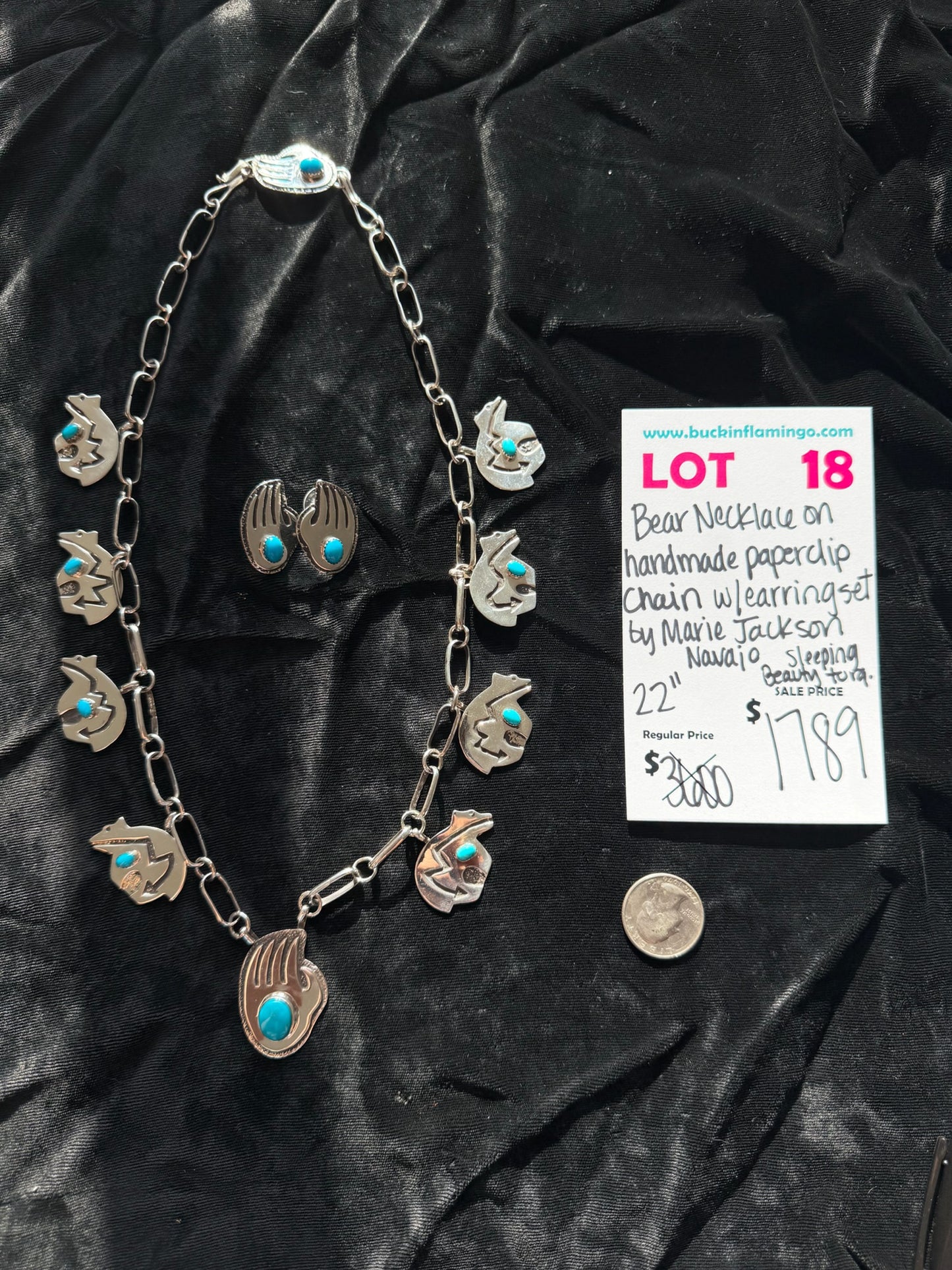 LOT 18 7/18 Bear Necklace 22” on Handmade Paperclip Chain W/Earrings by Marie Jackson, Navajo