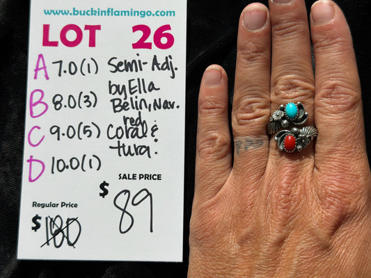 LOT 26 C 7/18 9.0 Semi-Adjustable Red Coral & Turquoise by Ella Belin, Navajo