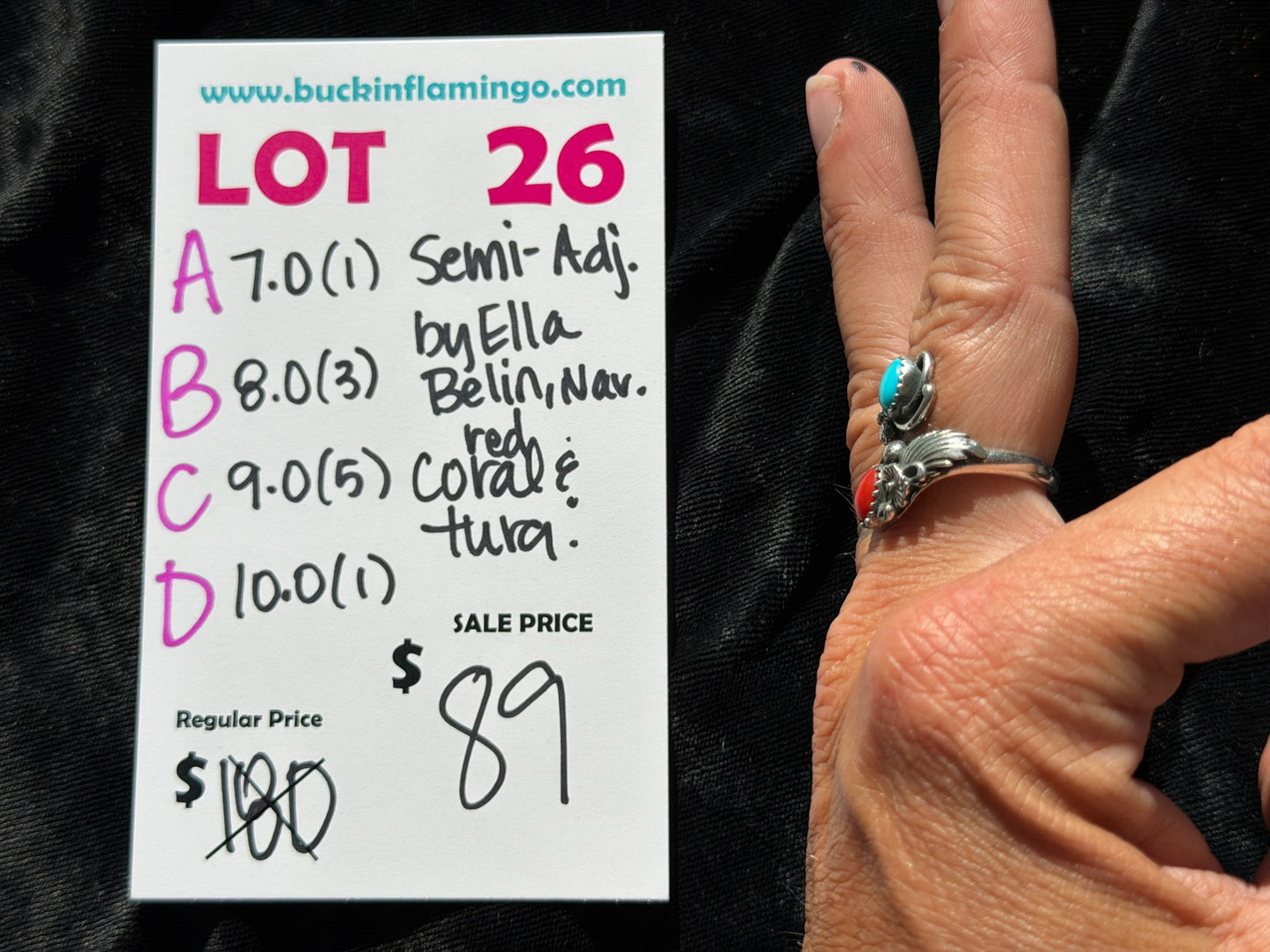 LOT 26 C 7/18 9.0 Semi-Adjustable Red Coral & Turquoise by Ella Belin, Navajo