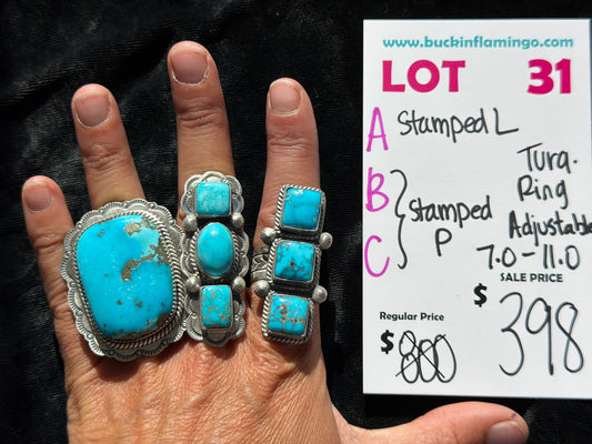 LOT 31 C 7/18 Adjustable 7.0-11.0 Turquoise Ring Stamped P