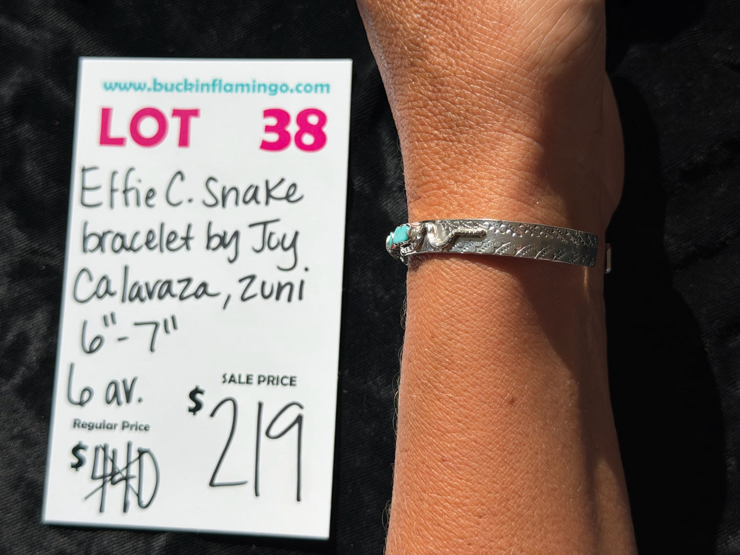 LOT 38 7/18 Effie C. Snake Bracelet by Jay Calavaza, Zuni 6”-7”
