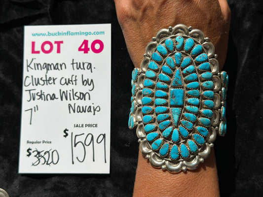 LOT 40 7/18 Kingman Turquoise Cluster Cuff 7” by Justina Wilson, Navajo
