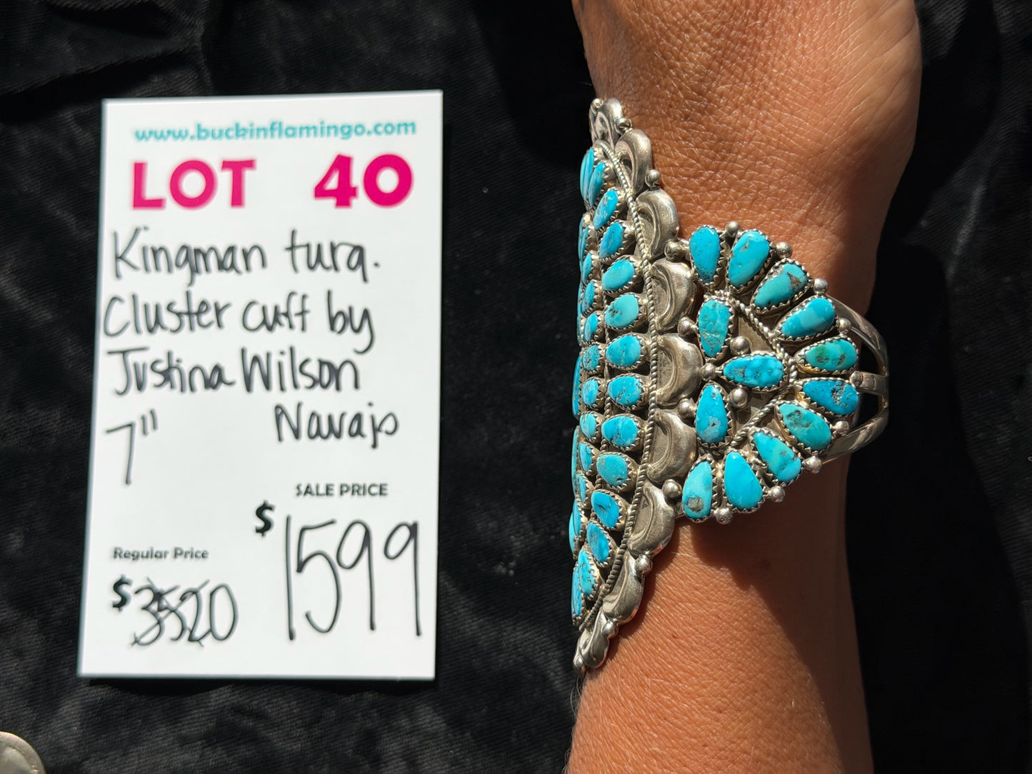 LOT 40 7/18 Kingman Turquoise Cluster Cuff 7” by Justina Wilson, Navajo