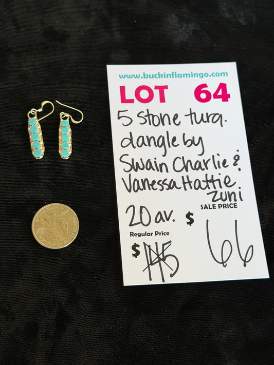 LOT 64 7/18 5 Stone Turquoise Dangle by Swain Charlie & Vanessa Hattie, Zuni