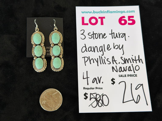 LOT 65 7/18 3 Stone Turquoise Dangle by Phyllis A. Smith, Navajo
