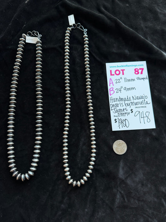 LOT 87 B 7/18 24” 9mm Handamade Navajo Pearls by Marcella James, Navajo