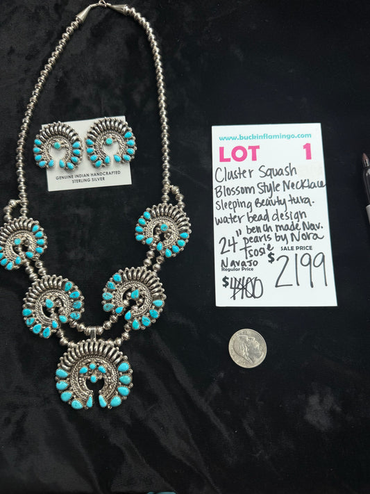 LOT 1 7/26 Cluster Squash Blossom Style Necklace Sleeping Beauty Turquosie Water Bead Design 24” Bench Made Navajo Pearls by Nora Tsosie, Navajo