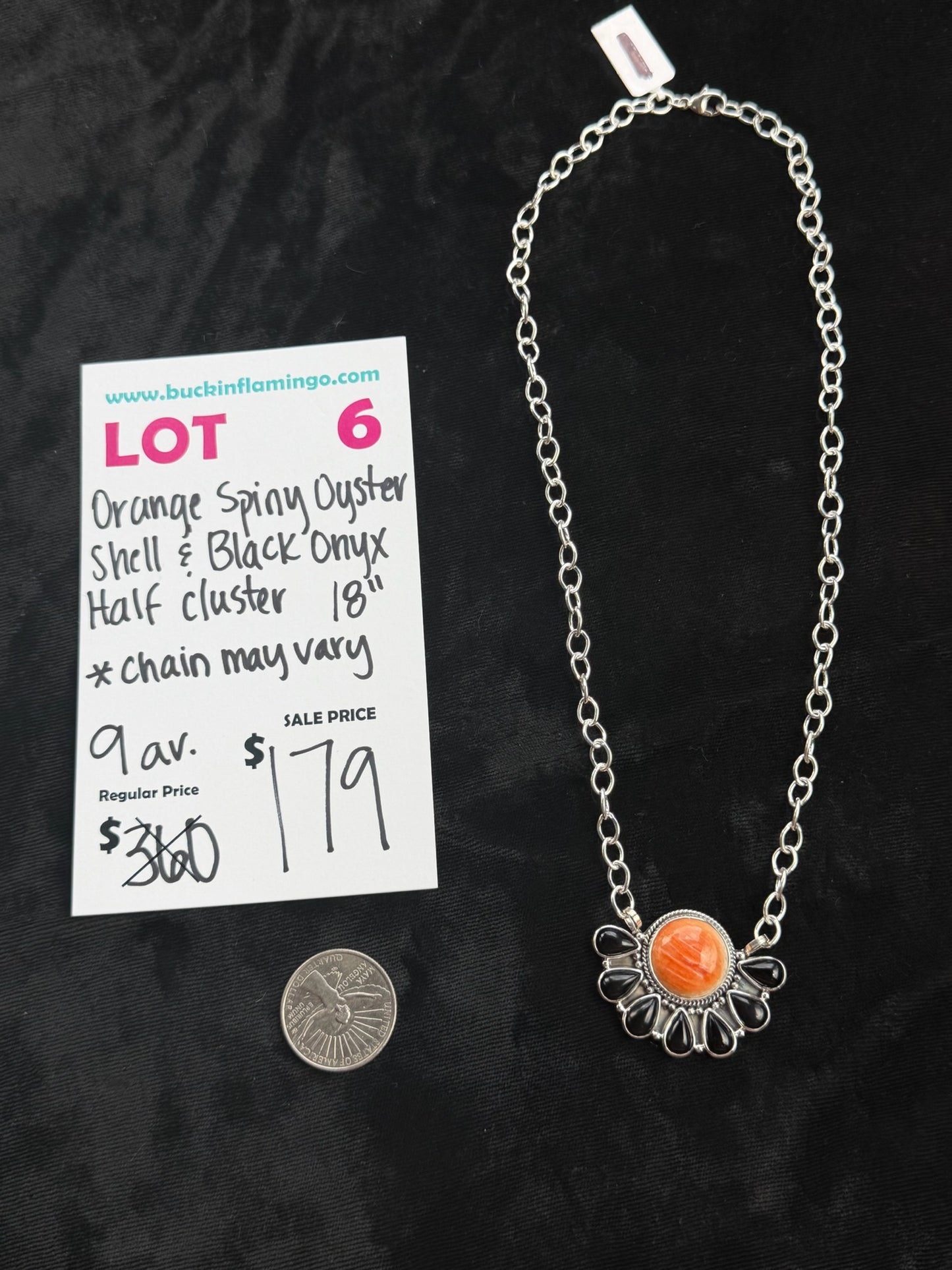 LOT 6 7/26 Orange Spiny Oyster Shell & Black Onyx Half Cluster 18”