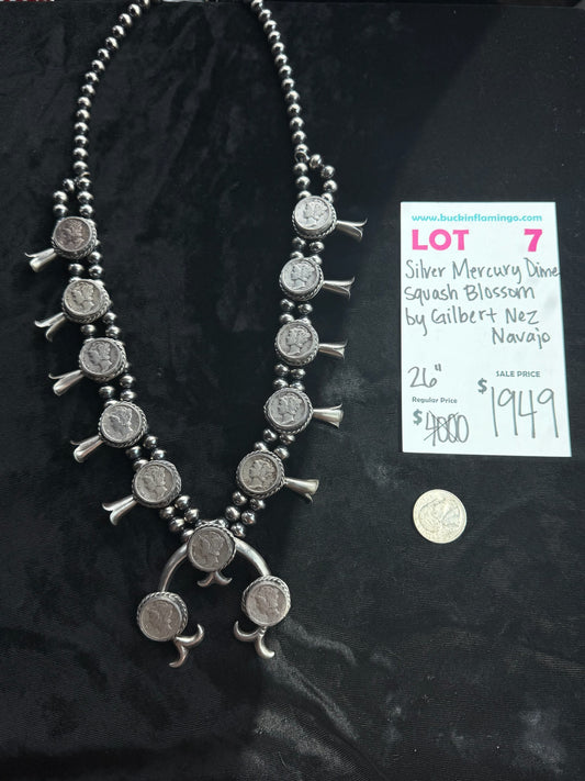 LOT 7 7/26 Silver Mercury Dime Squash Blossom by Gilbert Nez, Navajo 26”