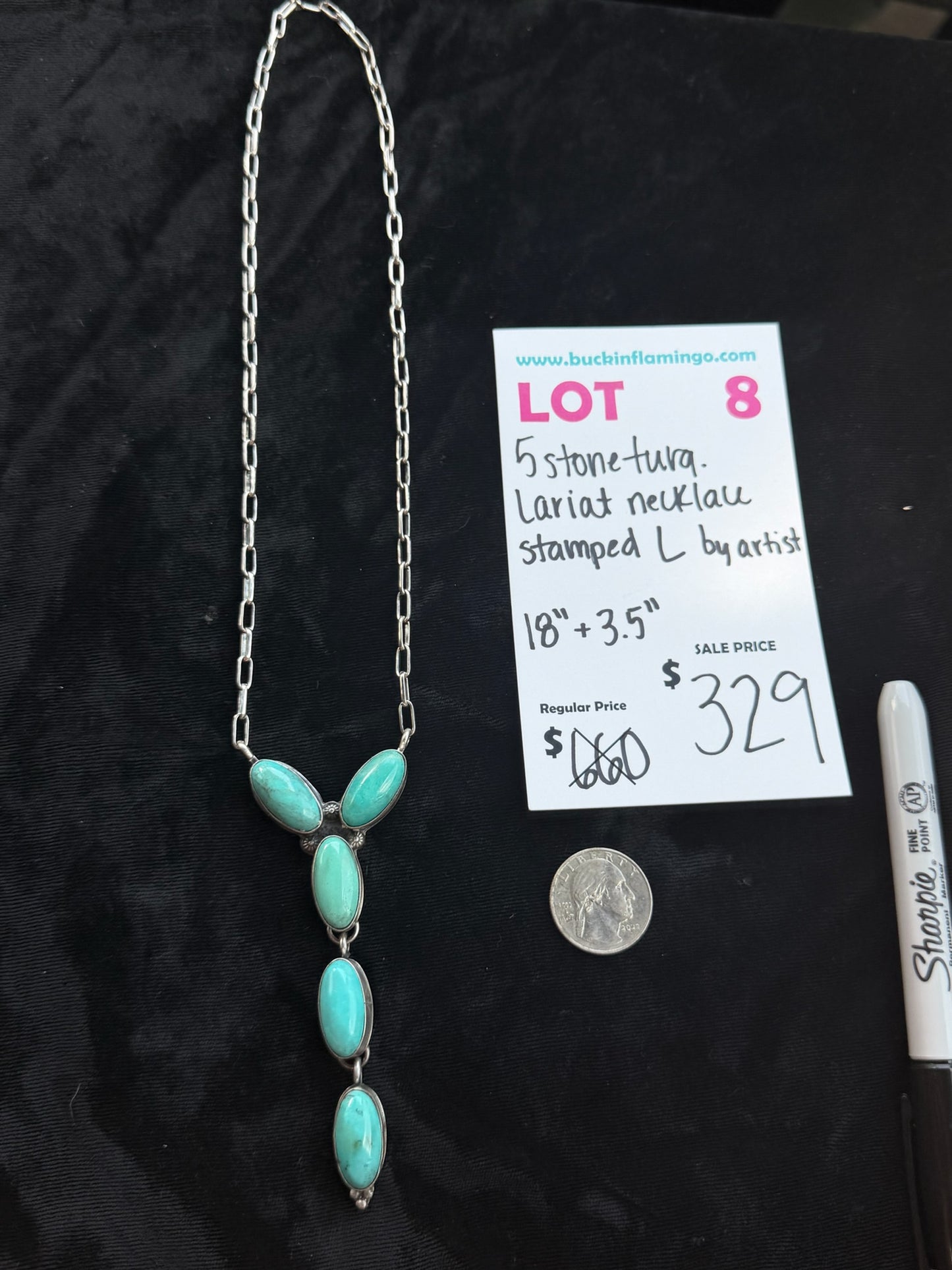 LOT 8 7/26 5 Stone Turquoise Lariat Necklace Stamp L by Artist 18” +3.5”