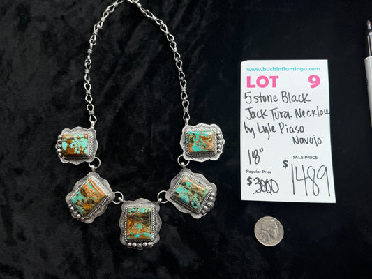 LOT 9 7/26 5 Stone Black Jack Turquoise 18” Necklace by Lyle Piaso, Navajo