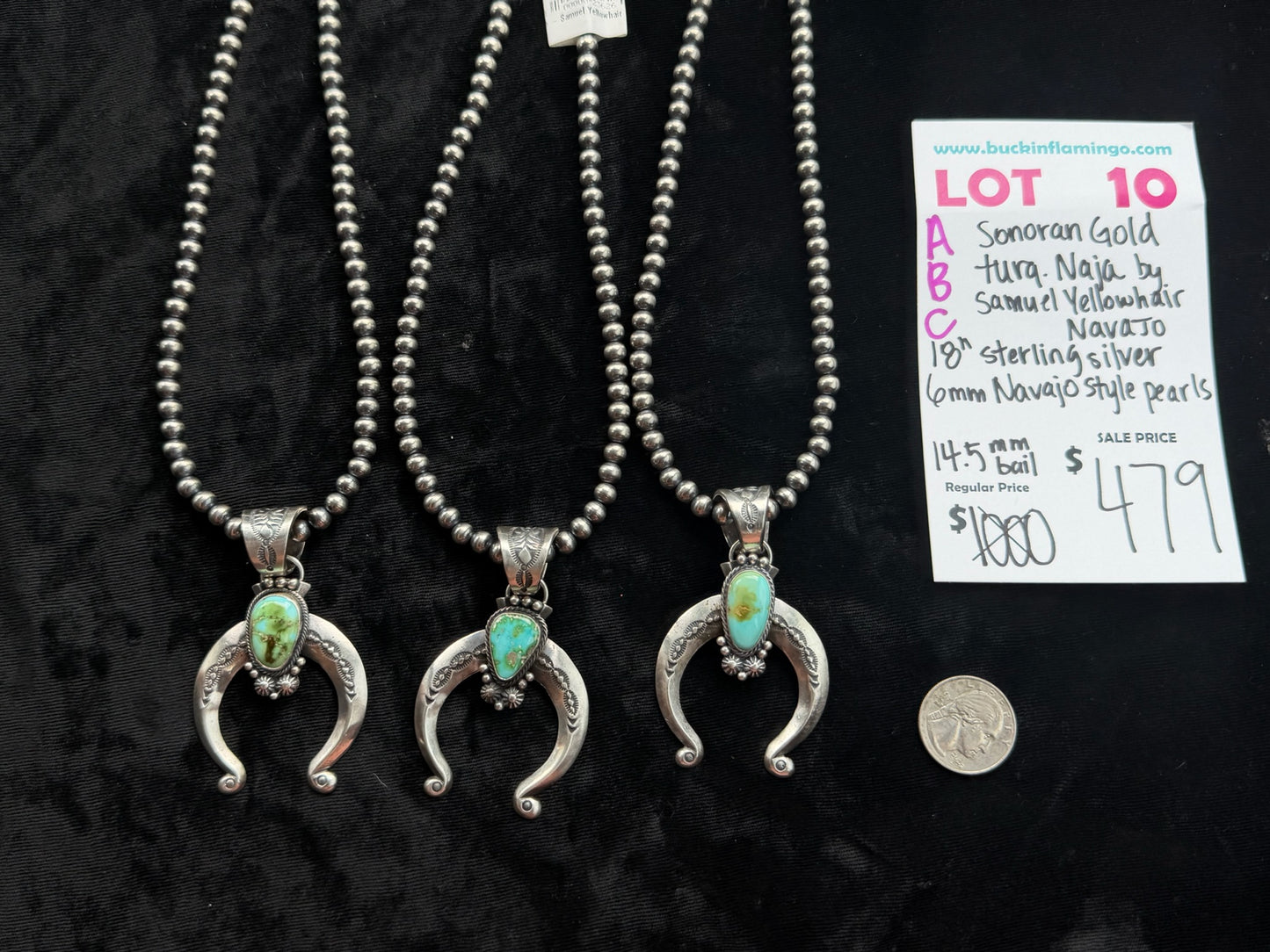 LOT 10 A 7/26 Sonoran Gold Turquoise Naja by Samuel Yellowhair, Navajo 18” Sterling Silver 6mm Navajo Style Pears 14.5mm Bail