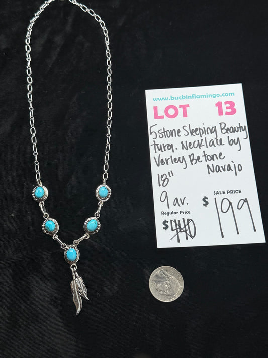 LOT 13 7/26 5 Stone Sleeping Beauty Turquoise 18” Necklace by Verley Betone, Navajo