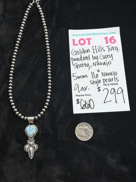 LOT 16 7/26 Golden Hills Turquoise Pendant by Gary Shorty, Navajo 5mm 16” Navajo Style Pearls