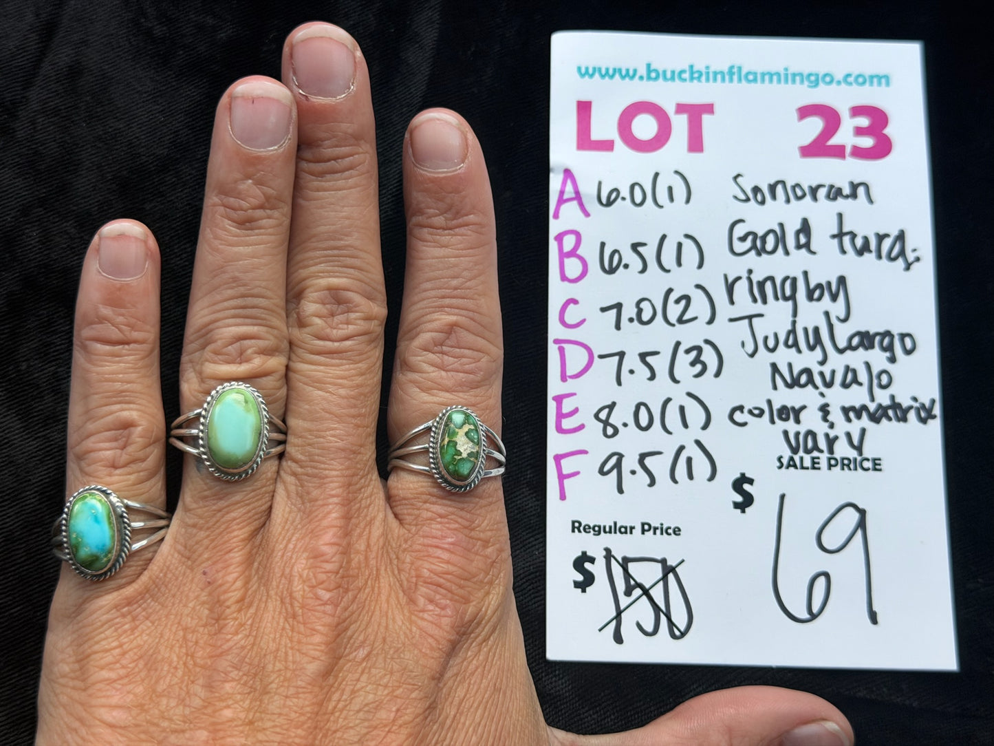 LOT 23 D 7/26 7.5 Sonoran Gold Turquoise Ring by Judy Largo, Navajo