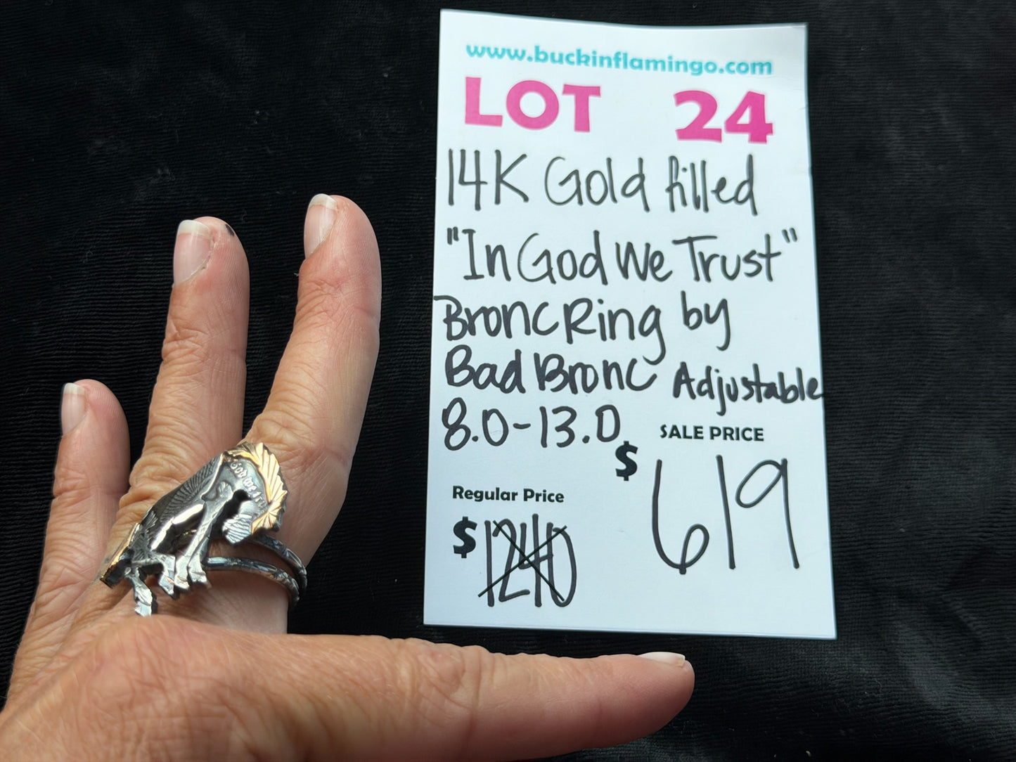 LOT 24 7/26 14k Gold Filled “In God We Trust” Bronc Riding Adjustable 8.0-13.0