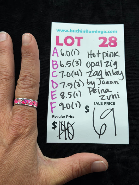 LOT 28 C 7.0 7/26 Hot Pink Opal Zig Zag Inlay by Joann Peina, Zuni