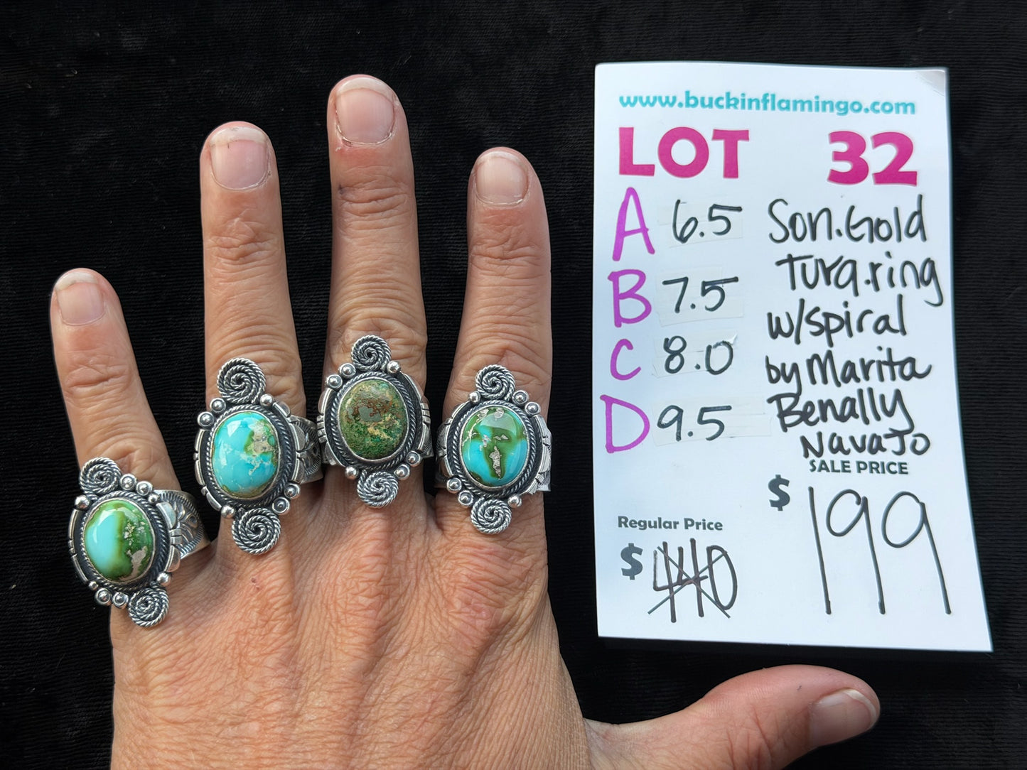 LOT 32 B 7/26 7.5 Sonoran Gold Turquoise Ring w/Spiral by Marita Benally, Navajo