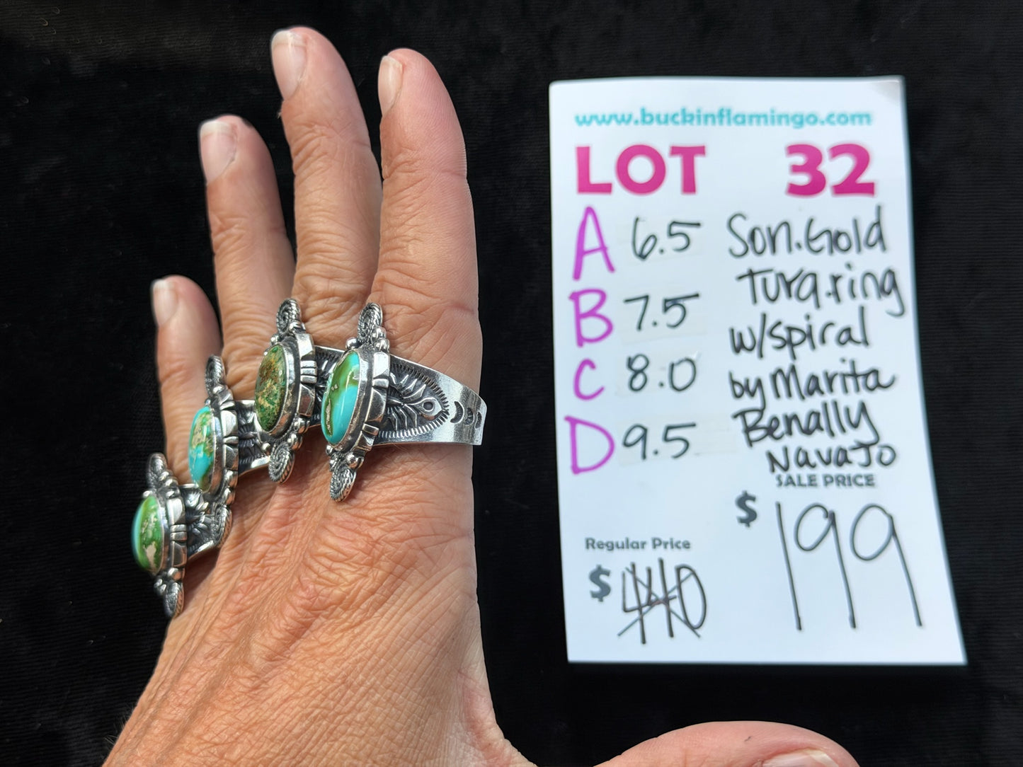 LOT 32 B 7/26 7.5 Sonoran Gold Turquoise Ring w/Spiral by Marita Benally, Navajo