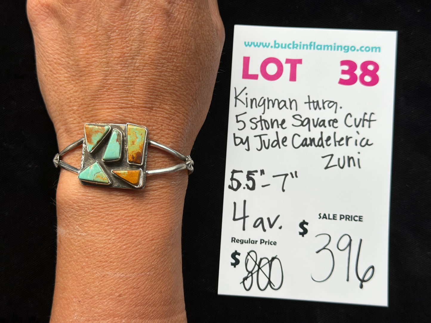 LOT 38 7/26 Kingman Turquoise 5 Stone Square Cuff by Jude Candeleria, Zuni 5.5”-7”