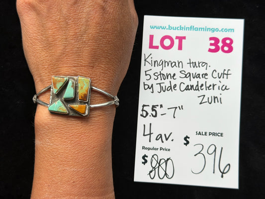 LOT 38 7/26 Kingman Turquoise 5 Stone Square Cuff by Jude Candeleria, Zuni 5.5”-7”