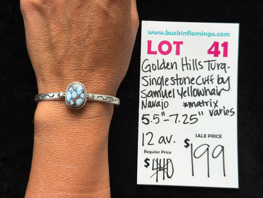 LOT 41 7/26 5.25" - 7" Golden Hills Turquoise Stamped Cuff by Samuel Yellowhair, Navajo