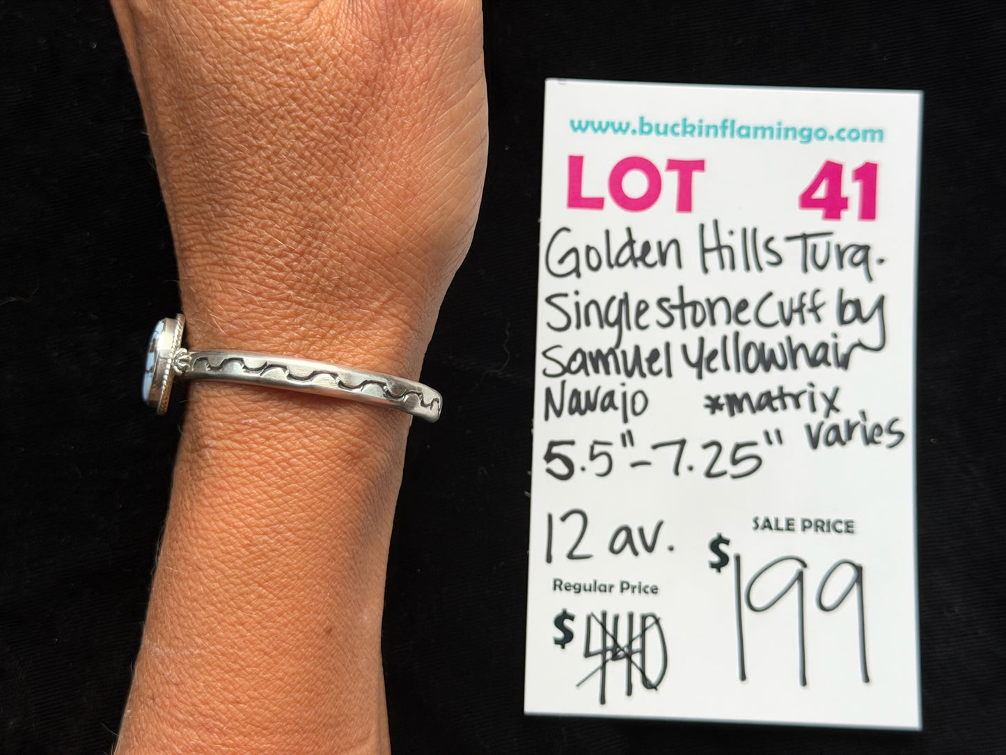 LOT 41 7/26 5.25" - 7" Golden Hills Turquoise Stamped Cuff by Samuel Yellowhair, Navajo