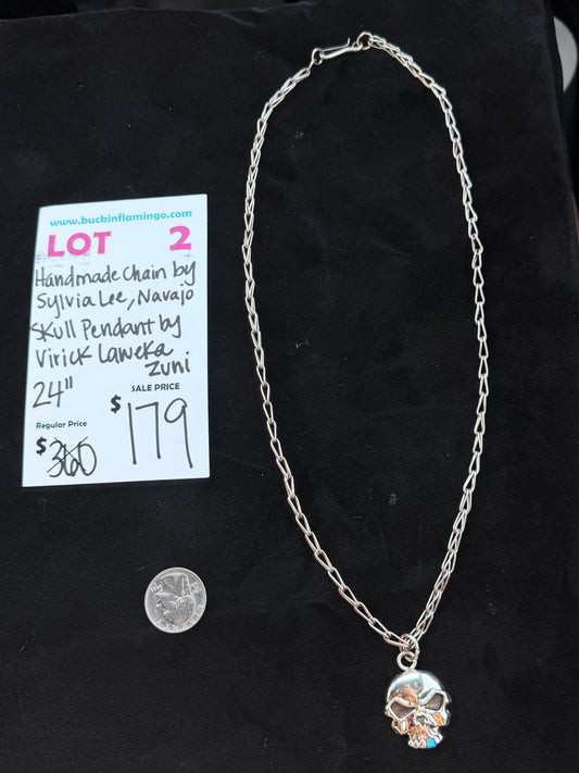 LOT 2 7/26 Handmade 24” Chain by Sylvia Lee, Navajo Skull Pedant by Virick Laweka, Zuni