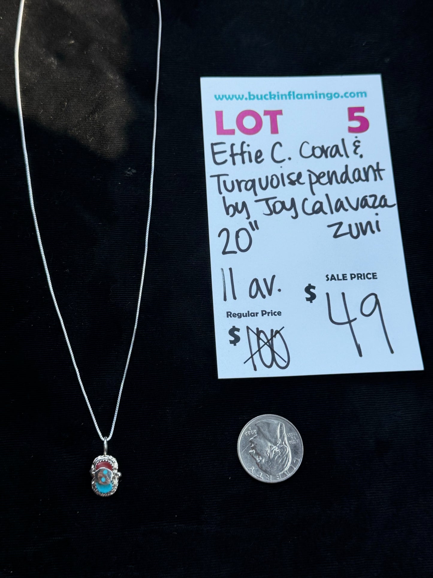 LOT 5 7/26 Effie C. Coral & Turquoise Pendant by Joy Calavaza, Zuni 20”