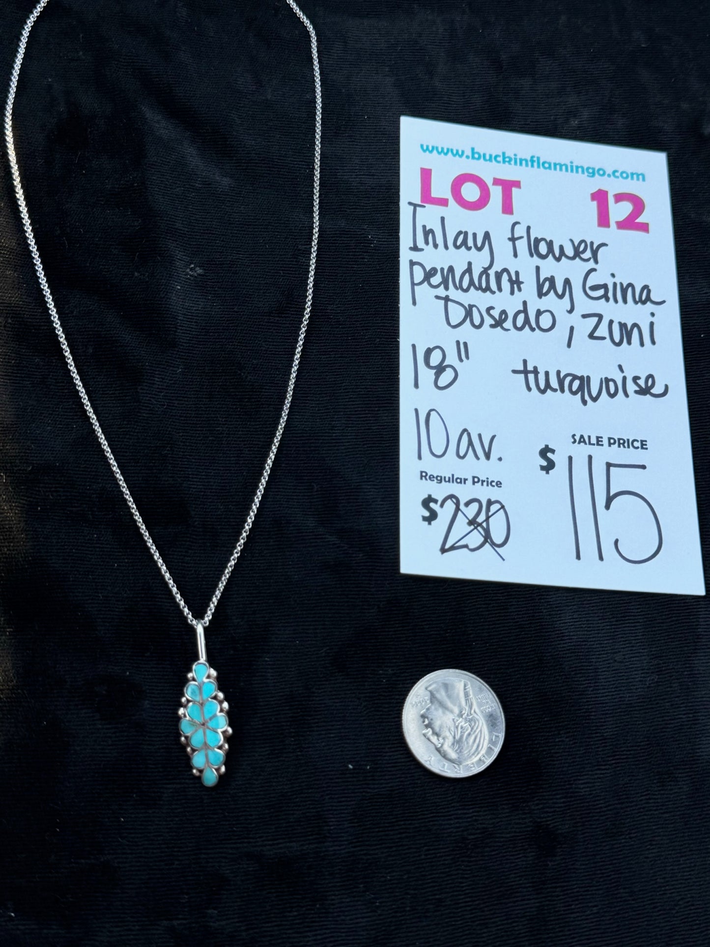 LOT 12 7/26 Inlay Turquoise Flower Pendant by Gina Dosedo, Zuni 18”