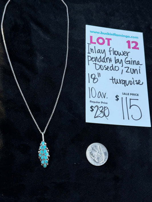LOT 12 7/26 Inlay Turquoise Flower Pendant by Gina Dosedo, Zuni 18”