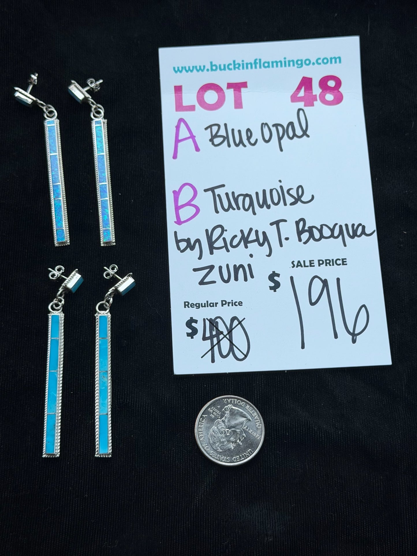 LOT 48 A 7/26 Blue Opal Earrings by Ricky T. Booqua, Zuni