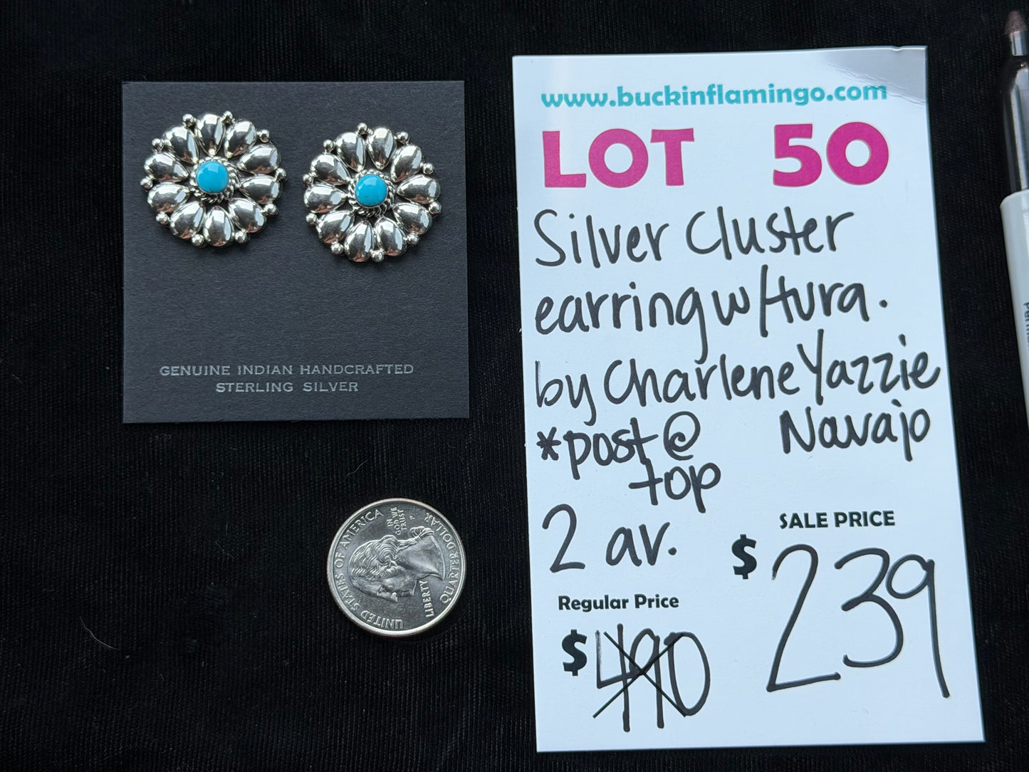 LOT 50 7/26 Silver Cluster Earring w/ Turquoise by Charlene Yazzie, Navajo