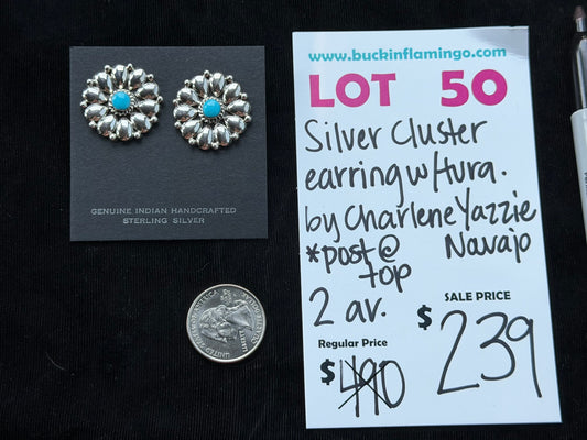 LOT 50 7/26 Silver Cluster Earring w/ Turquoise by Charlene Yazzie, Navajo