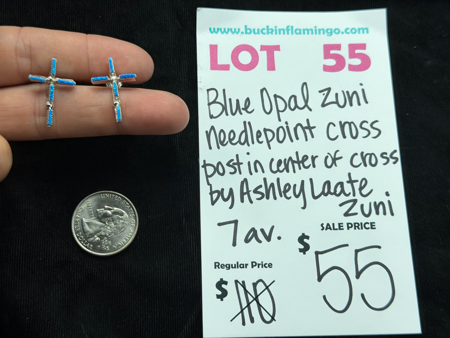 LOT 55 7/26 Blue Opal Zuni Needlepoint Cross Post in Center of Cross by Ahley Laate, Zuni