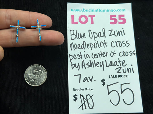 LOT 55 7/26 Blue Opal Zuni Needlepoint Cross Post in Center of Cross by Ahley Laate, Zuni