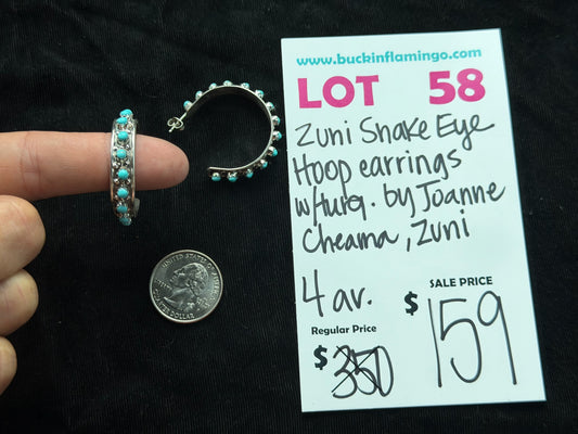 LOT 58 7/26 Zuni Snake Eye Hoop Earrings W/Turquoise by Joanne Cheama, Zuni