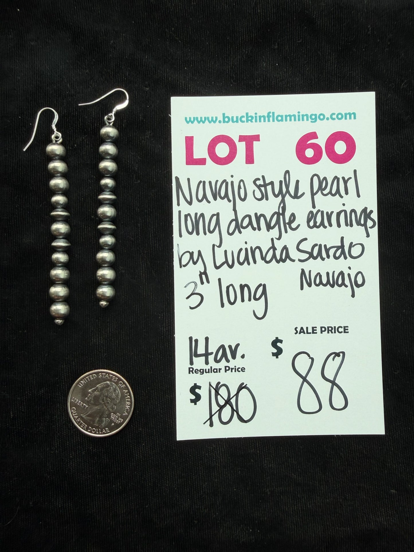 LOT 60 7/26 Navajo Style Pearl Long Dangle Earrings by Lucinda Sardo, Navajo 3” Long