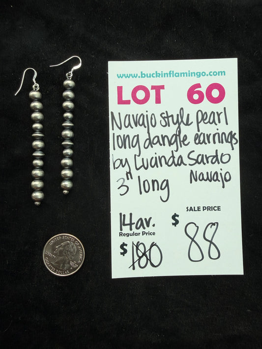 LOT 60 7/26 Navajo Style Pearl Long Dangle Earrings by Lucinda Sardo, Navajo 3” Long